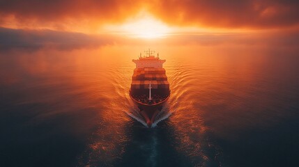 Fototapeta premium Drone shot of a cargo container ship sailing through the ocean, symbolizing efficient global shipping, logistics, and international trade.