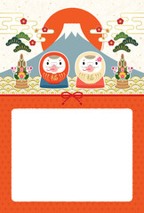 2025年　巳年　紅白巳だるまと富士山の和風年賀状【赤】