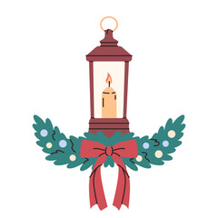 Christmas lantern with fir banch. Xmas decor. Winter decoration.