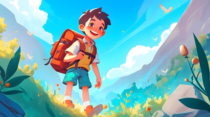 Boy with backpack, adventure theme in 2D cartoon style