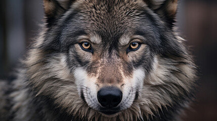 Close-up portrait of a wolf with yellow eyes in the forest   Generate Ai