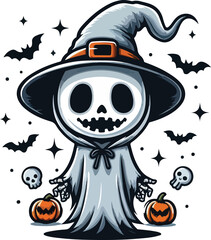Cute Halloween Ghost: A cartoon ghost with a witch hat, holding pumpkins and surrounded by bats and skulls. The ghost is smiling and has a friendly expression.
