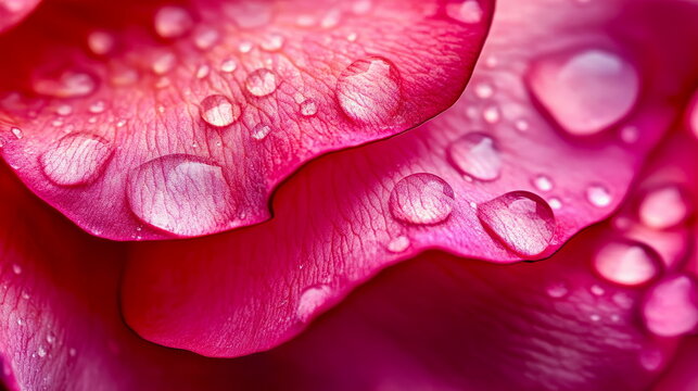 A close-up of a vibrant pink rose petal with soft curves and dewdrops glistening, isolated cleanly