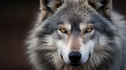 Obraz premium Close-up portrait of a wolf with yellow eyes in the forest Generate Ai