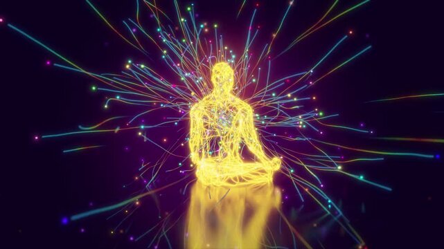 looped 3d animation of a meditating yogi in the astral of sacred energies