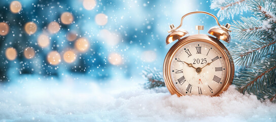 Christmas greeting card design background. Xmas holidays eve. Party poster, banner or invitation background with snow clocks and Christmas tree