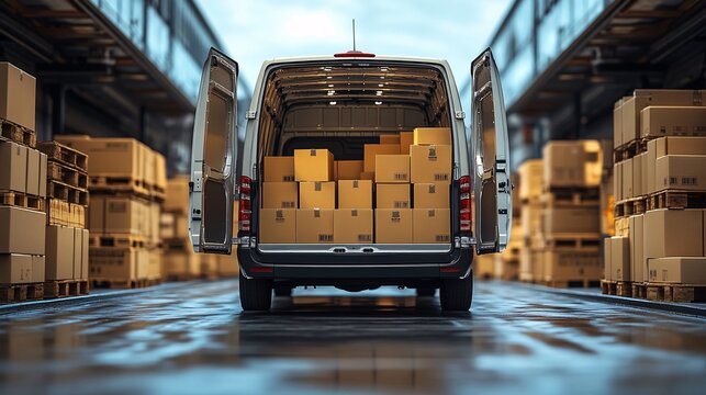 Delivery van parked with open back doors, revealing neatly packed cardboard boxes, representing the logistics of goods transportation and distribution.