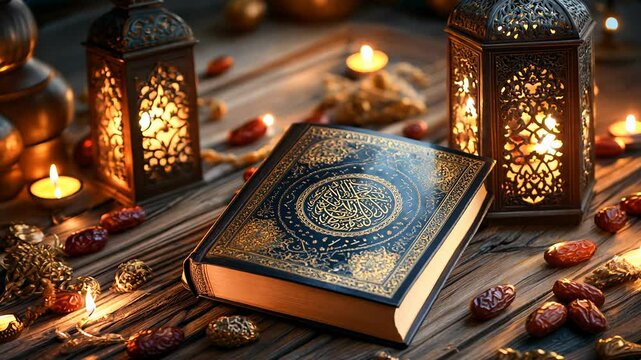 A beautifully illuminated Quran placed on a wooden table, surrounded by traditional lanterns and dates, with soft candlelight creating a warm atmosphere. Ramadan concept