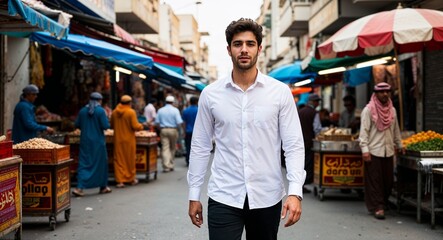 Middle Eastern young man walking past street vendors wearing white shirt