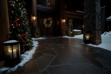 Obraz premium Cozy Christmas Eve at a log cabin. Snow-covered pathway, twinkling lights, and festive wreaths.