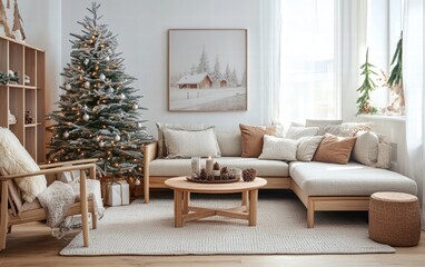 Fototapeta premium A Scandinavian-inspired living room featuring light wood furniture and a frosted Christmas tree