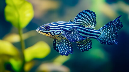 A vibrant zebra pleco fish with intricate black-and-white striped patterns, floating gracefully