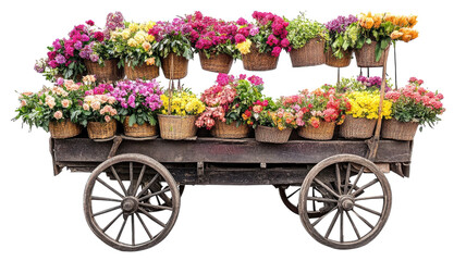 A vibrant flower cart filled with colorful blooms in woven baskets at a local market on a sunny day.
