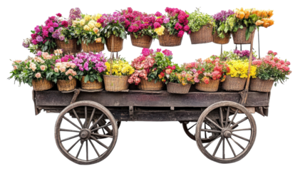 A vibrant flower cart filled with colorful blooms in woven baskets at a local market on a sunny day.