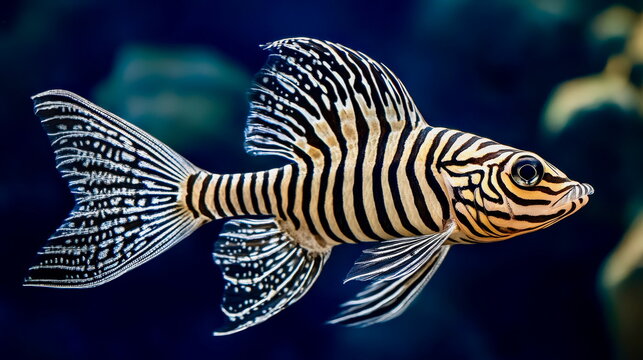 A vibrant zebra pleco fish with intricate black-and-white striped patterns, floating gracefully