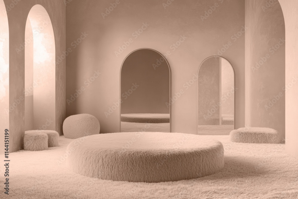 Poster a minimalist and abstract beige room with three arches, circular podiums made of soft fur in the cen