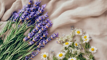 An artistic flat lay of lavender flowers, dried chamomile, and rosemary sprigs on a linen cloth