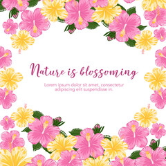 Hand drawn hibiscus poster card colorful template. Perfect for designs, card, wrapping paper, invitations and decorative projects.