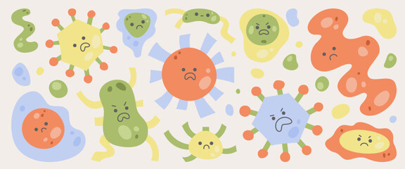 Cartoon bacteria, viruses, and microorganisms with angry expressions