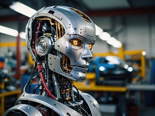 Fototapeta premium Closeup of a humanoid robot showing intricate design and detailing in a modern workshop environment