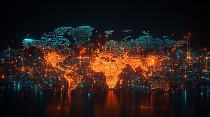 Global logistics network with airplane, cargo ship, and trucks on a world map, representing the flow of goods across continents and efficient trade routes.