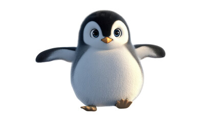 Fototapeta premium Cute animated penguin character standing with outstretched wings on a transparent background, perfect for children's media.