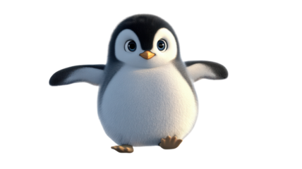 Cute animated penguin character standing with outstretched wings on a transparent background, perfect for children's media.