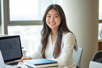 Young woman working on a laptop in a bright modern office with stacks of books nearby