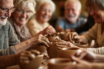 Senior citizens joyfully engage in a pottery class, shaping clay with their hands.