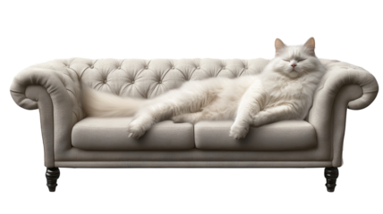 A fluffy white cat lounging comfortably on a tufted beige couch in a cozy living room setting during the day.