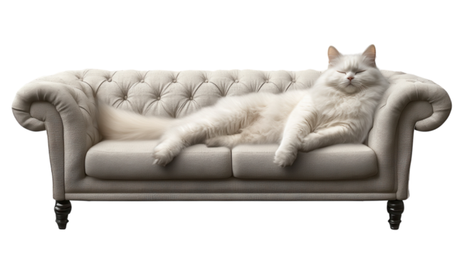 A fluffy white cat lounging comfortably on a tufted beige couch in a cozy living room setting during the day.