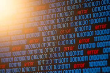 Binary code of 1 and 0 with many Error inscriptions. Concept of problems with binary code, errors...