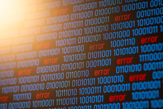 Binary code of 1 and 0 with many Error inscriptions. Concept of problems with binary code, errors in program cyber data
