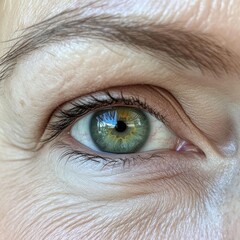 Fototapeta premium Close-up of a female caucasian adult with green eye reflecting urban scene