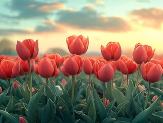 Vibrant Red Tulips in Dreamy Pastel Landscape with Endless Field and Cloudy Sky