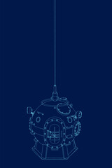The contour of an underwater deep sea capsule with luminous blue lights. Vector illustration.