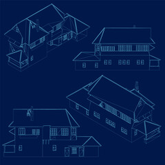 Set house contour drawing in modern linear style on blue background