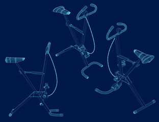 Set contour Exercise Bike on blue Background. Side, isometric view. Vector illustration