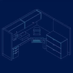 Outline of Contemporary workspace flat vector illustrations set. Contour Office desk or table with office chair and computer. Business interior design elements. Vector illustration. Isometric view.
