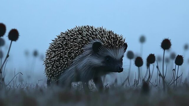 A hedgehog foraging in a misty landscape surrounded by blurred plants footage