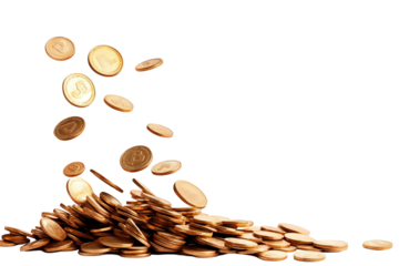 A dynamic scene capturing a pile of coins with some coins falling, representing wealth, finance, and economic growth. Perfect for illustrating themes of money and investment.