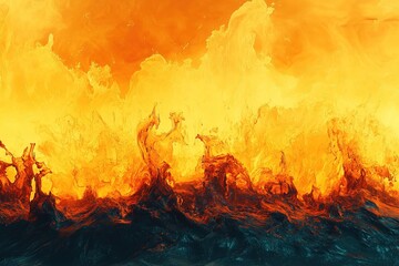 Abstract fiery landscape with intense orange and yellow flames rising from dark base.