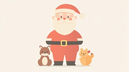 Santa Claus with a bear and a cat in a festive design.