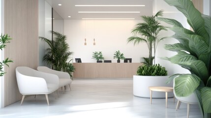 Modern minimalist lobby with light wood reception desk, comfortable seating, and abundant indoor plants.
