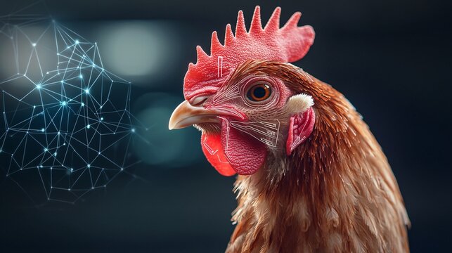 Poultry safety concept. A close-up of a chicken's head with a glowing network graphic, showcasing a blend of nature and technology in a vibrant setting.