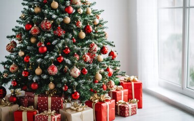 A beautifully decorated Christmas tree with red and gold ornaments, surrounded by neatly wrapped presents on a bright white background
