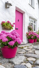 Naklejka premium Welcoming Cottage Entrance Bright Pink Door and Lush Flower Pots by a Quaint White Cottage Facade.