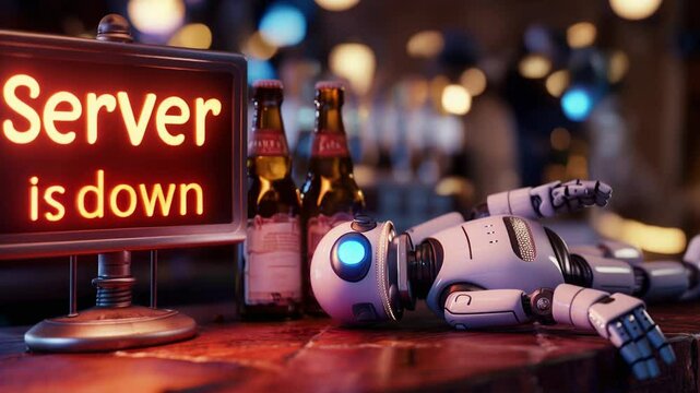 Server is down sign glowing, drunk broken robot sleeps on bar counter. 500 Internal Server Error message for a website concept. SEO and Backend terms.