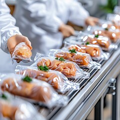 Poultry safety concept. Freshly packaged chicken products on a conveyor belt in a food processing facility.