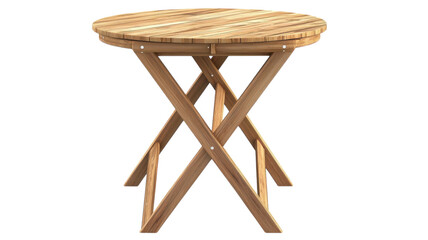 Round wooden table with crossed legs, suitable for outdoor dining and gatherings, showcasing a natural finish and sturdy construction.